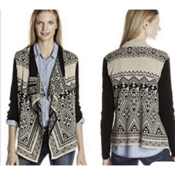 Lucky Brand Women Black / Beige Waterfall Wrap Open Cardigan Sweater Size Large - Picture 2 of 13